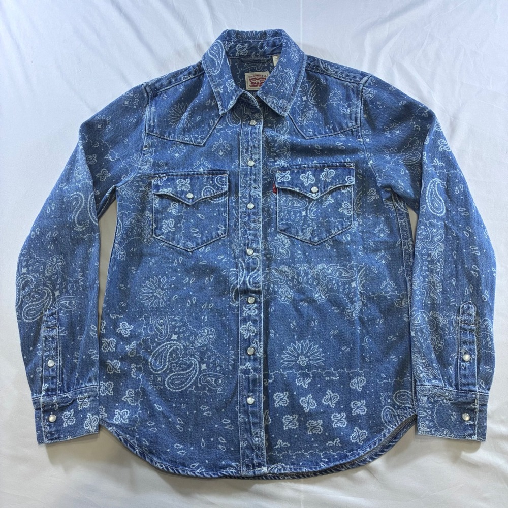 Levis Womens Paisley Bandana Print Denim Western Shirt Blue Pearl Snap XS